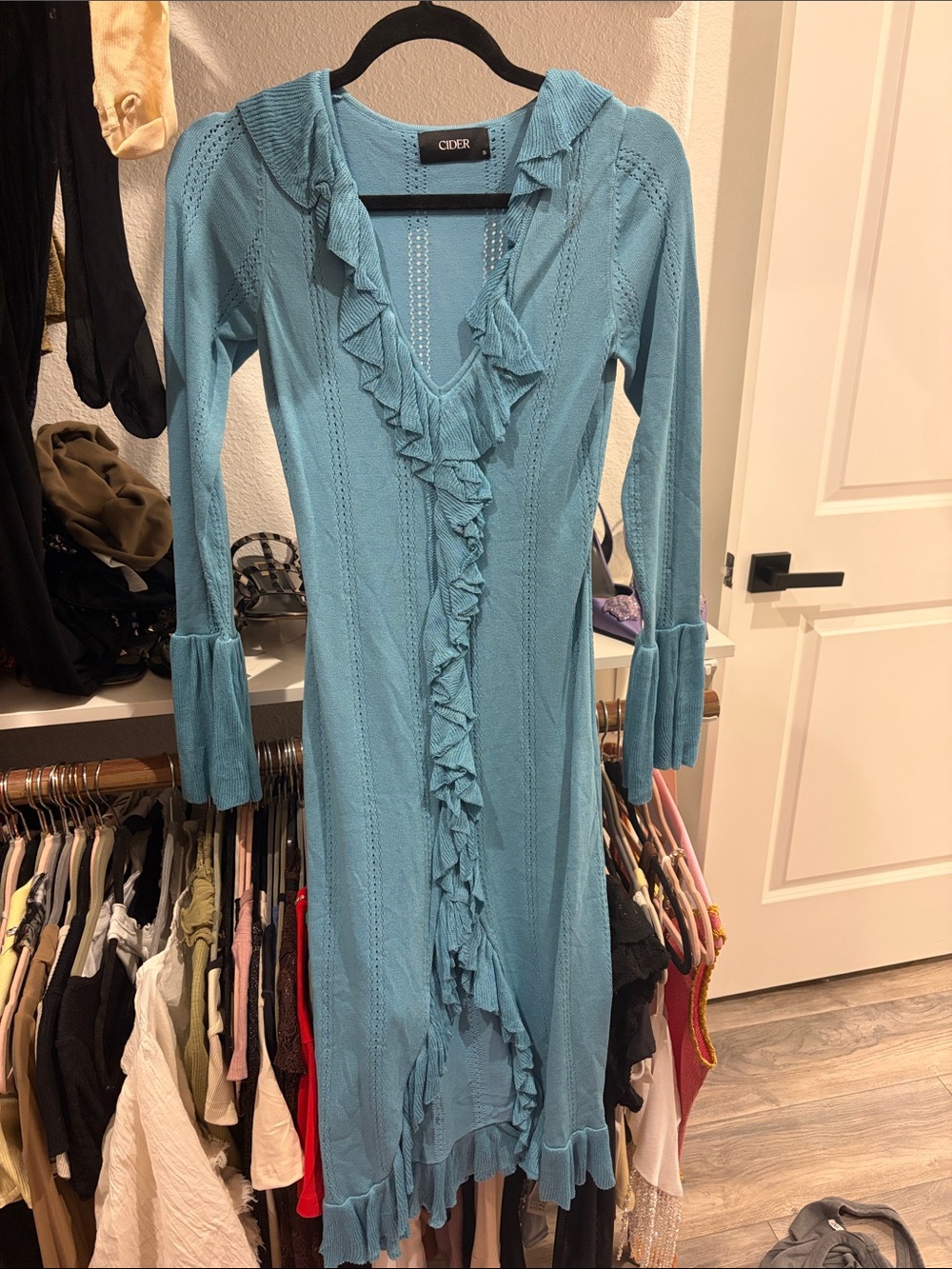 Cider Sky-Blue Ruffle Knit Long Sleeve Dress